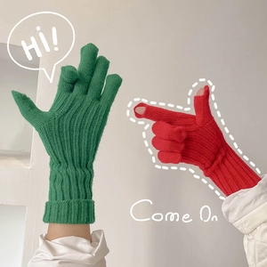 Knitted touch screen gloves for winter in red and green with finger openings