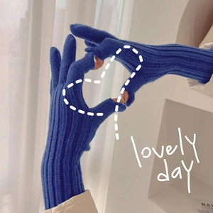 Royal blue knitted long gloves with touch screen design and rib-knit warm arm sleeves