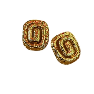 Golden stud earrings with molten texture and spiral square design in vintage style