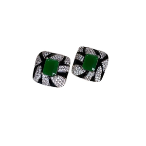 Green square cubic zirconia stud earrings with zebra pattern and silver finish
