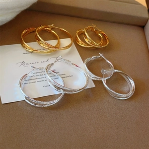 Luxury Gold Silver Plated Alloy Interlaced Hoop Earrings With Copper Earring Post Frosted Matte Geometric Round Loop Earrings For Women
