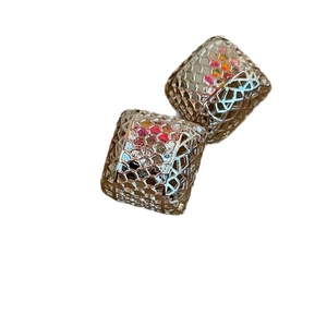 Square hollow-out stud earrings with gold plating and rainbow mosaic mesh pattern