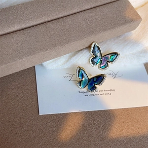Close-up of butterfly earrings with abalone shell and micro-set cubic zirconia stones