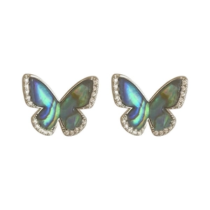 Elegant silver butterfly stud earrings with colorful abalone shell and pavé zircon crystals