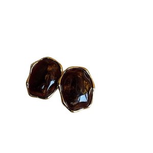 Retro geometric resin drop earrings with gold plating and gold foil flakes in brown