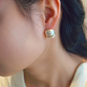 Macro shot of brushed silver square earring with a gold band and micro-set zircons
