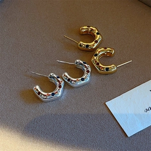 18K gold plated C-shaped earrings with colorful cubic zirconia in gold and silver set