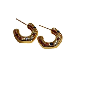 18K gold plated C-shaped earrings with vibrant multi-colored cubic zirconia stones
