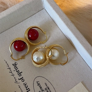 Hoop Earrings With 925 Sterling Silver Earring Post Red Faux Artificial Pearl And Cotton Artificial Pearl Retro Elegant Gold Metal For Women