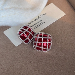 Festive red geometric openwork grid earrings with vintage french silver rope texture
