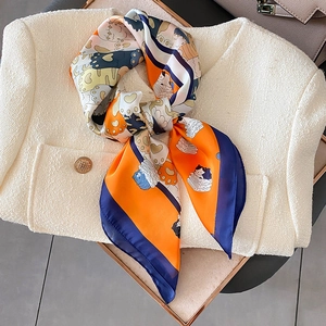 Sciarpa Quadrata In Raso Sintetica Da Donna Stampa Gatto Cartone Animato Foulard Leggero Fascia Capelli Accessorio Chic
