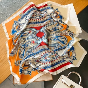 Retro paisley print silk satin square scarf with vintage orange and blue patterns