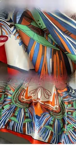 Detailed view of vintage geometric patterns and precise stitched edges on silk scarf