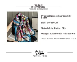 Detail view showing 90x180cm faux silk vintage print scarf texture and soft fabric material
