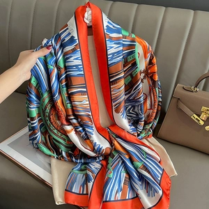 Fashion vintage print long silk scarf with orange and blue geometric patterns for women