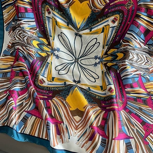 Fashion vintage print long silk scarf with luxury geometric patterns and fringe textures