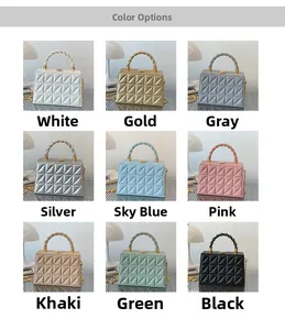 Collage of quilted box bags in nine various colors with metallic twisted handles