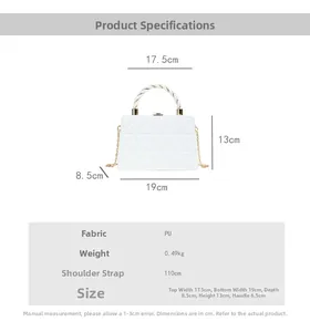Detail view of white quilted PU leather handbag with 0.49kg weight and 110cm chain strap