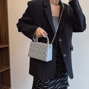Grey quilted box handbag with gold chain strap and textured handle for women
