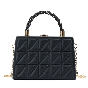 Quilted black box bag with golden chain strap and twisted top handle for women