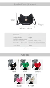 Guide des tailles détaillé et vue multicouleur d'un sac bandoulière demi-lune en PU