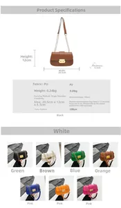 Tableau des tailles détaillé et options de couleurs pour le sac carré vintage à chaîne