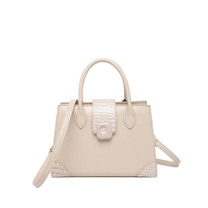 Chic beige crocodile texture square handbag with top handles and adjustable shoulder strap