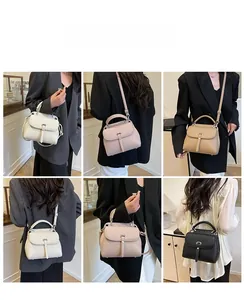 Collage of four vintage crossbody bags showing styling on models in various colors