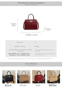 Detail view of Kelly style bag in red, black, khaki, and white with dimension specs