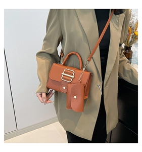 Detailed view of brown lychee grain leather square bag set with chain coin purse