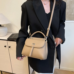 Retro khaki pebbled leather crossbody bag with silver hardware for stylish women