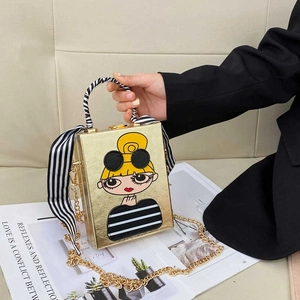 Cartoon Girl Print Box Crossbody Bag Women PU Leather Chain Shoulder Purse With Scarf Wrapped Handle Square Evening Clutch