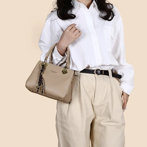 Khaki large capacity tote bag with lychee leather texture and patterned ribbon scarf