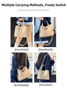 Detailed views of beige lychee texture bucket bag showing handheld, shoulder, and crossbody use