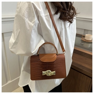 Detailed view of the lizard pattern brown leather texture and golden buckle on women handbag