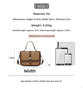 Size comparison of retro brown PU leather crossbody bag with A4 paper and iPad dimensions
