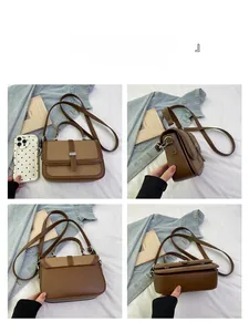 Detailed views of brown faux leather and woven bag from multiple angles with size scale
