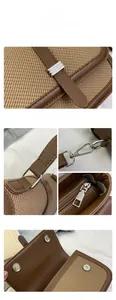 Detailed views of vintage brown patchwork bag showing stitching, hardware and magnetic closure