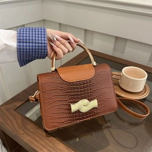 Women Fashion Crocodile Pattern Handbag Urban Simple Crossbody Square Bag With Metal Handle Gold Hardware Shoulder Bag