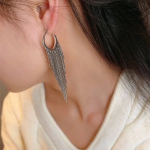 Elegant silver tassel drop earrings for women with multi-layer hanging metal chains