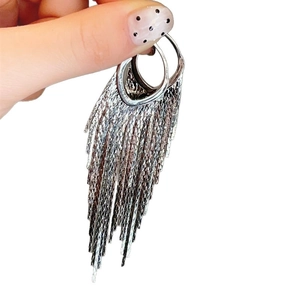 Elegant silver tassel drop earrings featuring multiple fine shimmering metal chains