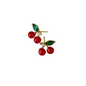 Elegant cherry stud earrings with red glossy fruits and green crystal leaves