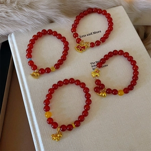 Red Agate Beaded Bracelet Gold Plated Alloy Zodiac Horse Charm Lucky Gourd New Year Jewelry For Women