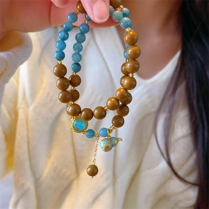 Double Strand Beaded Bracelet Wood And Gemstone With Cloisonne Gourd Pendant New Chinese Style Handmade For Women