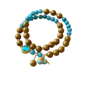 Double-layer beaded bracelet with blue beads, brown beads, and a blue gourd charm