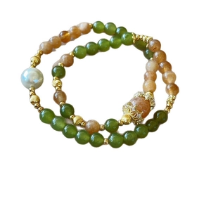 Bracelet double couche en jade Hetian avec perles vertes, cristal jaune et perle blanche