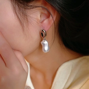 French baroque irregular pearl drop earrings in silver organic metal for women