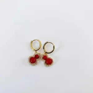 Gold-plated gourd hoop earrings with red beads and micro-set zircon in Chinese style