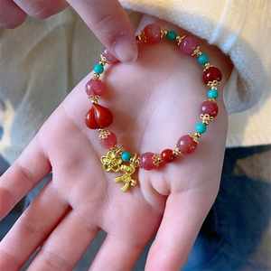 Bracelet En Perles De Quartz Fraise Pour Femmes Forme Coeur Turquoise Alliage Cheval Fleurs Charmes Style Néo Chinois Élégant