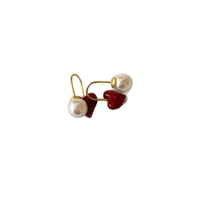 French style red heart drop earrings with white pearls and gold metal hooks